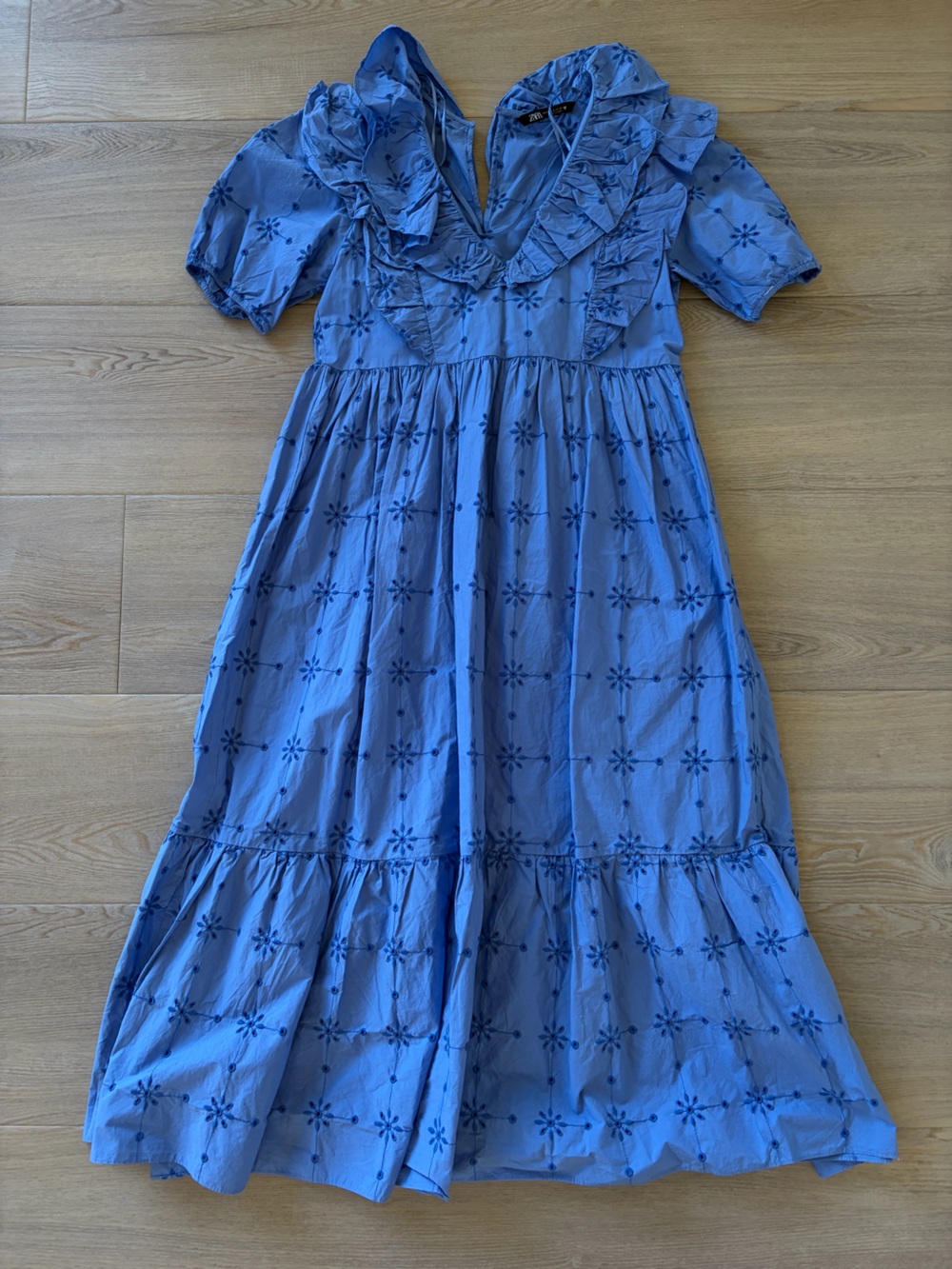 Zara Blue Ruffle-Trim Embroidered Dress